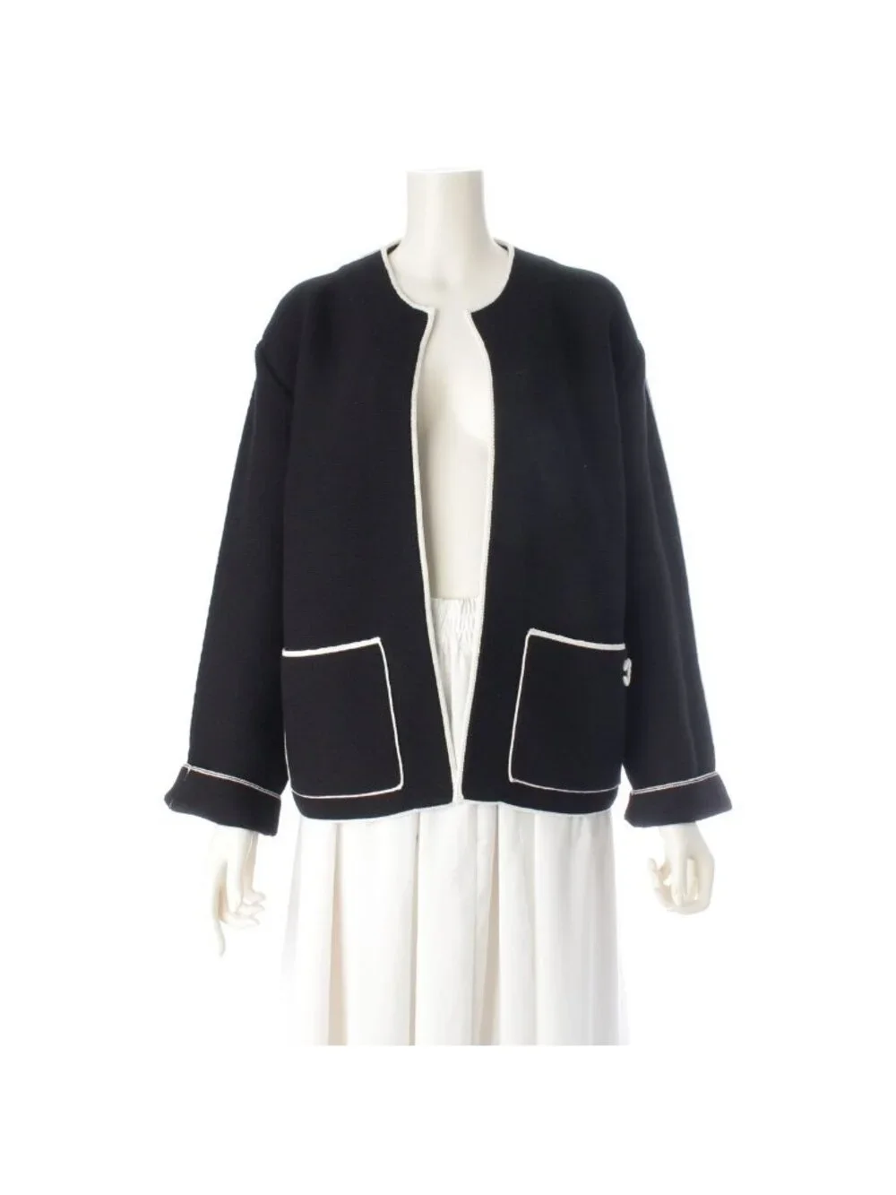 Chanel CC Logo Knit Collarless Jacket Black White 38